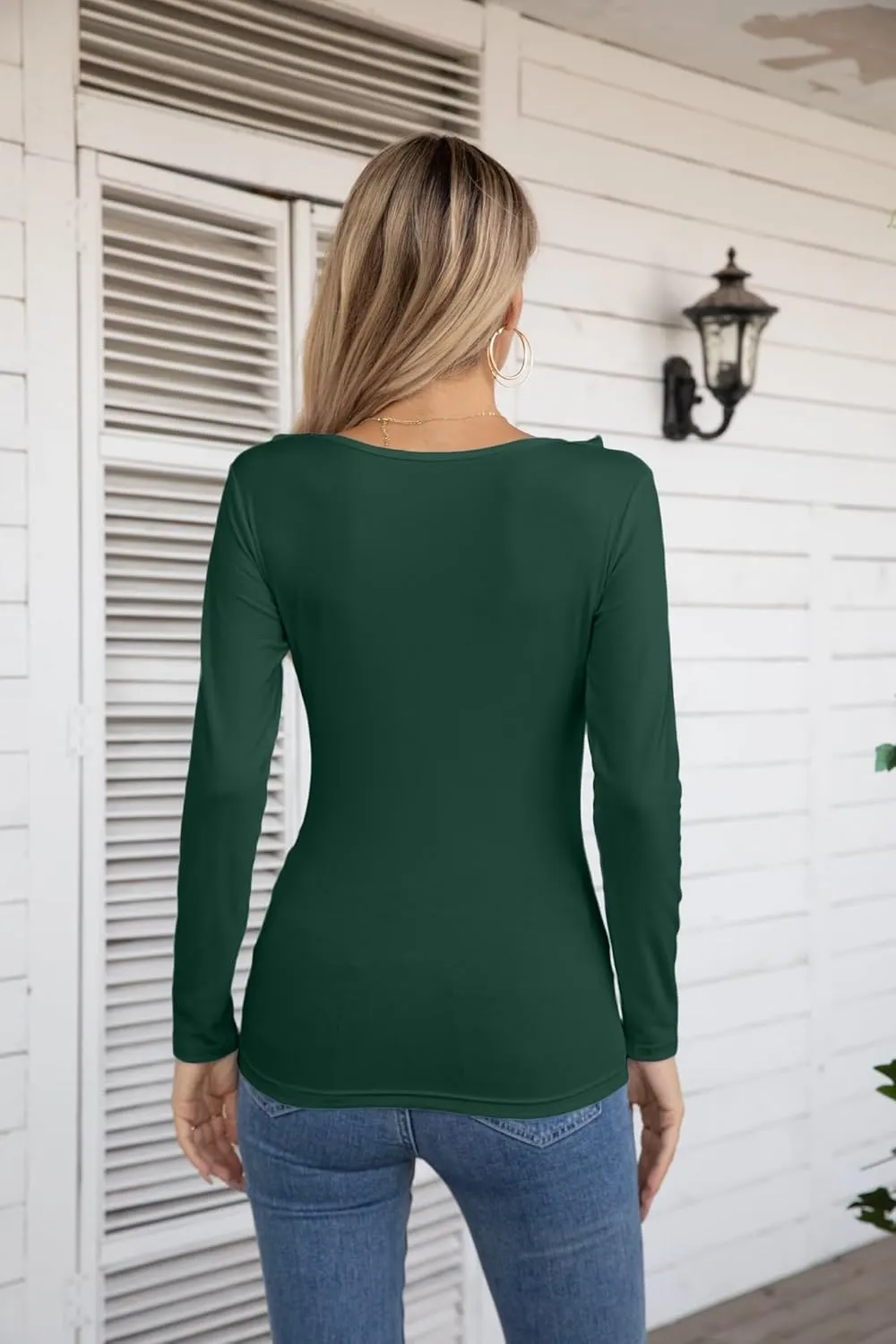 VICHYIE Womens Long Sleeve Shirts V Neck Ruffle Hem Slim Fitted Ribbed Knit Trendy Tee Tight Tops
