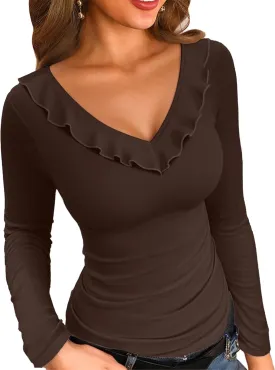 VICHYIE Womens Long Sleeve Shirts V Neck Ruffle Hem Slim Fitted Ribbed Knit Trendy Tee Tight Tops