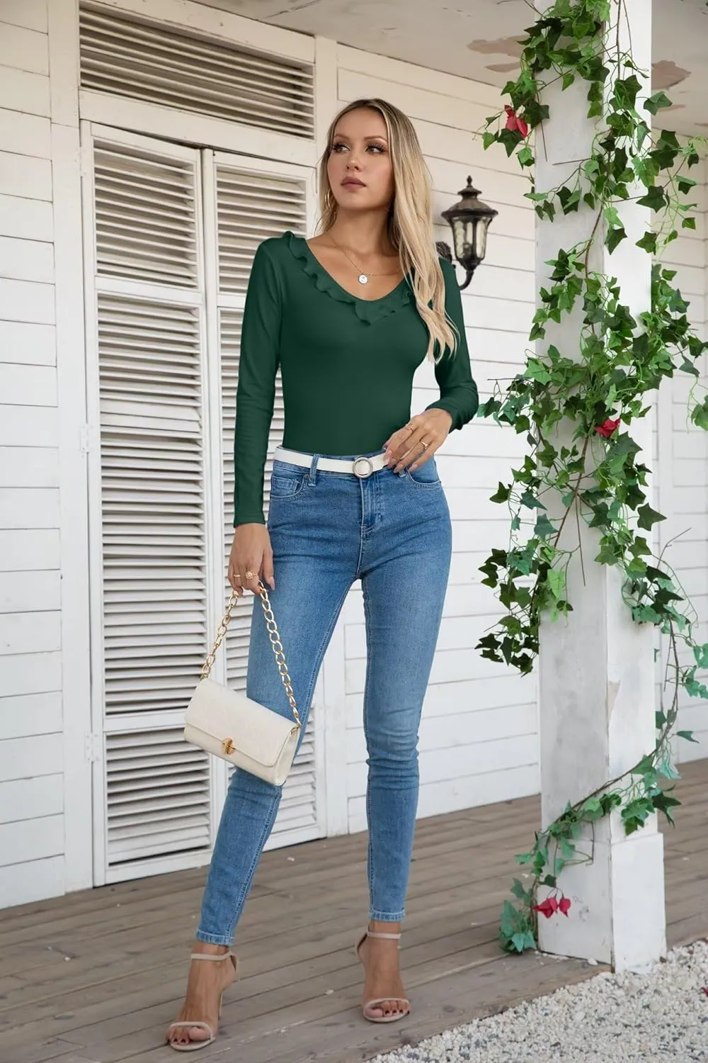 VICHYIE Womens Long Sleeve Shirts V Neck Ruffle Hem Slim Fitted Ribbed Knit Trendy Tee Tight Tops