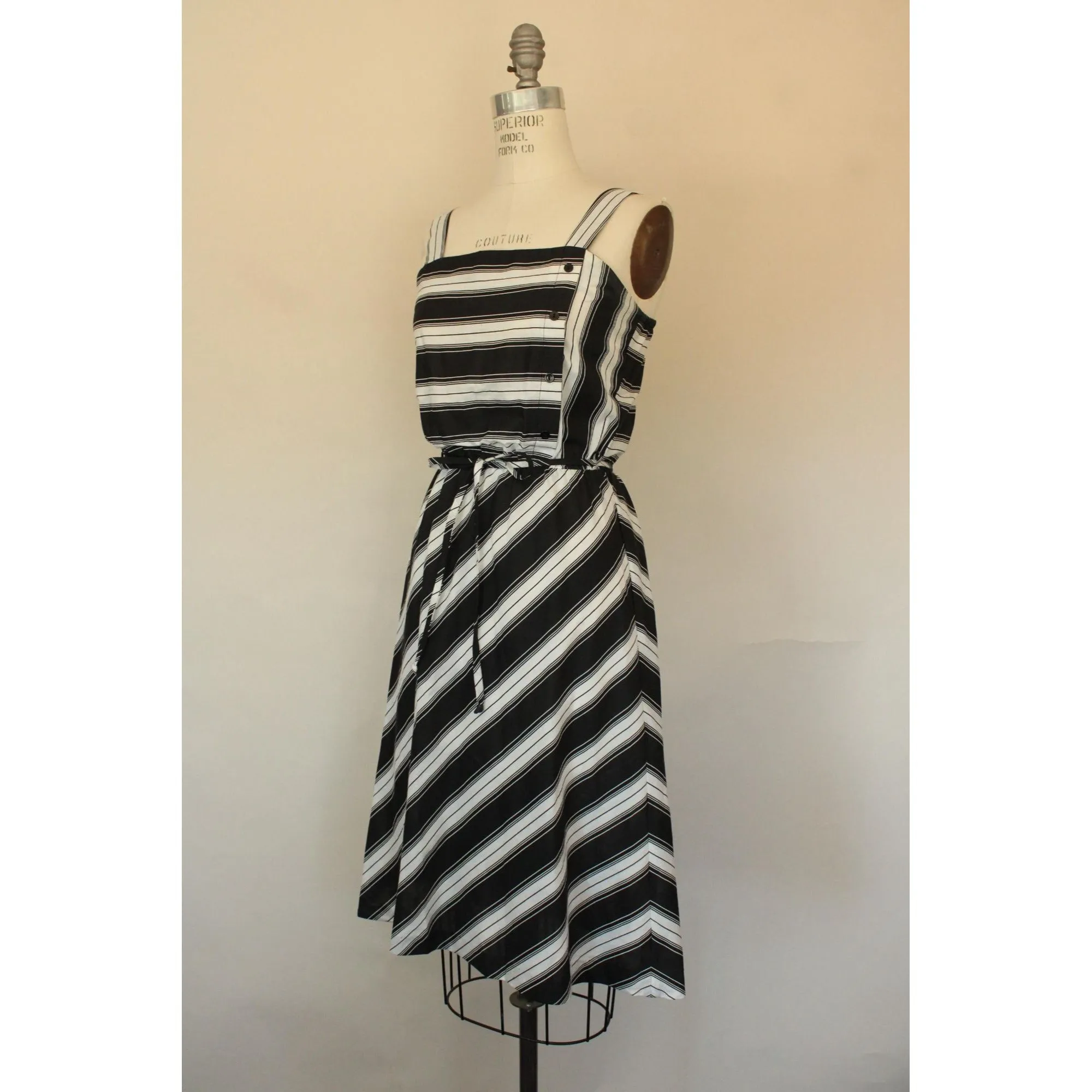 Vintage 1970s Black And White Striped Sundress with A Belt