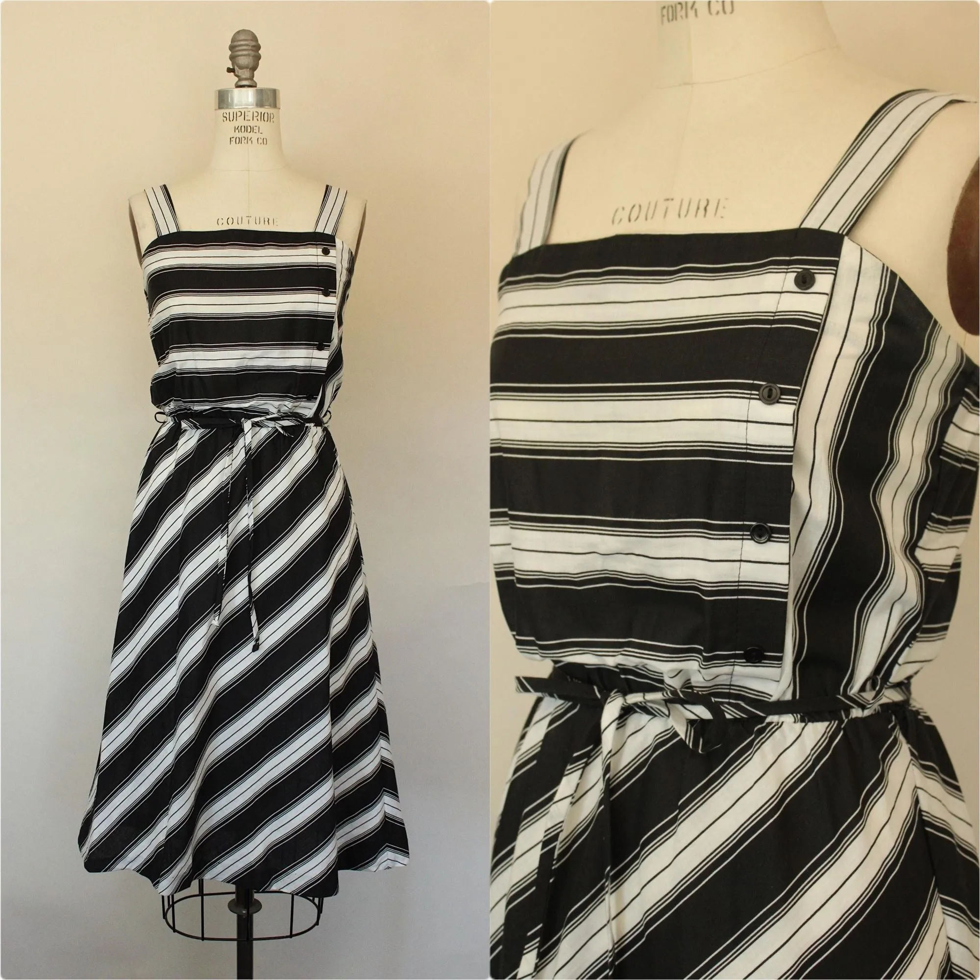 Vintage 1970s Black And White Striped Sundress with A Belt