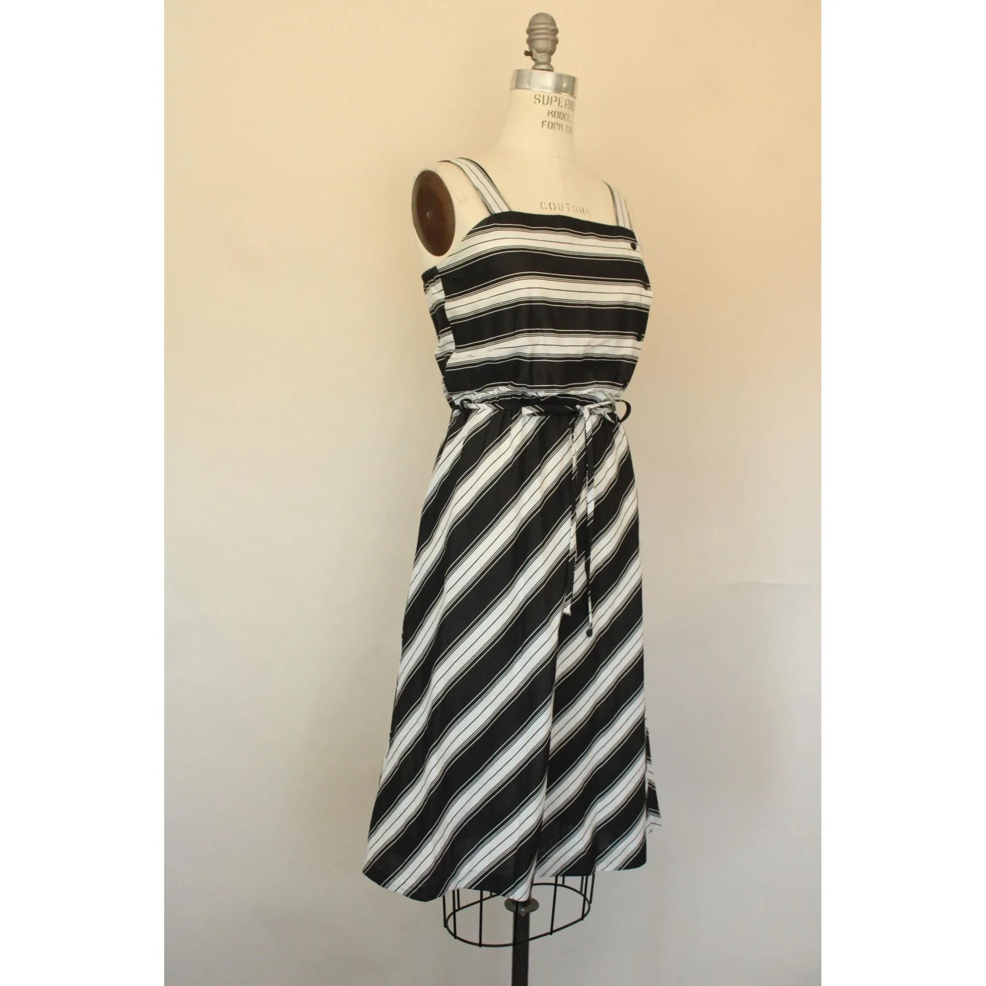 Vintage 1970s Black And White Striped Sundress with A Belt