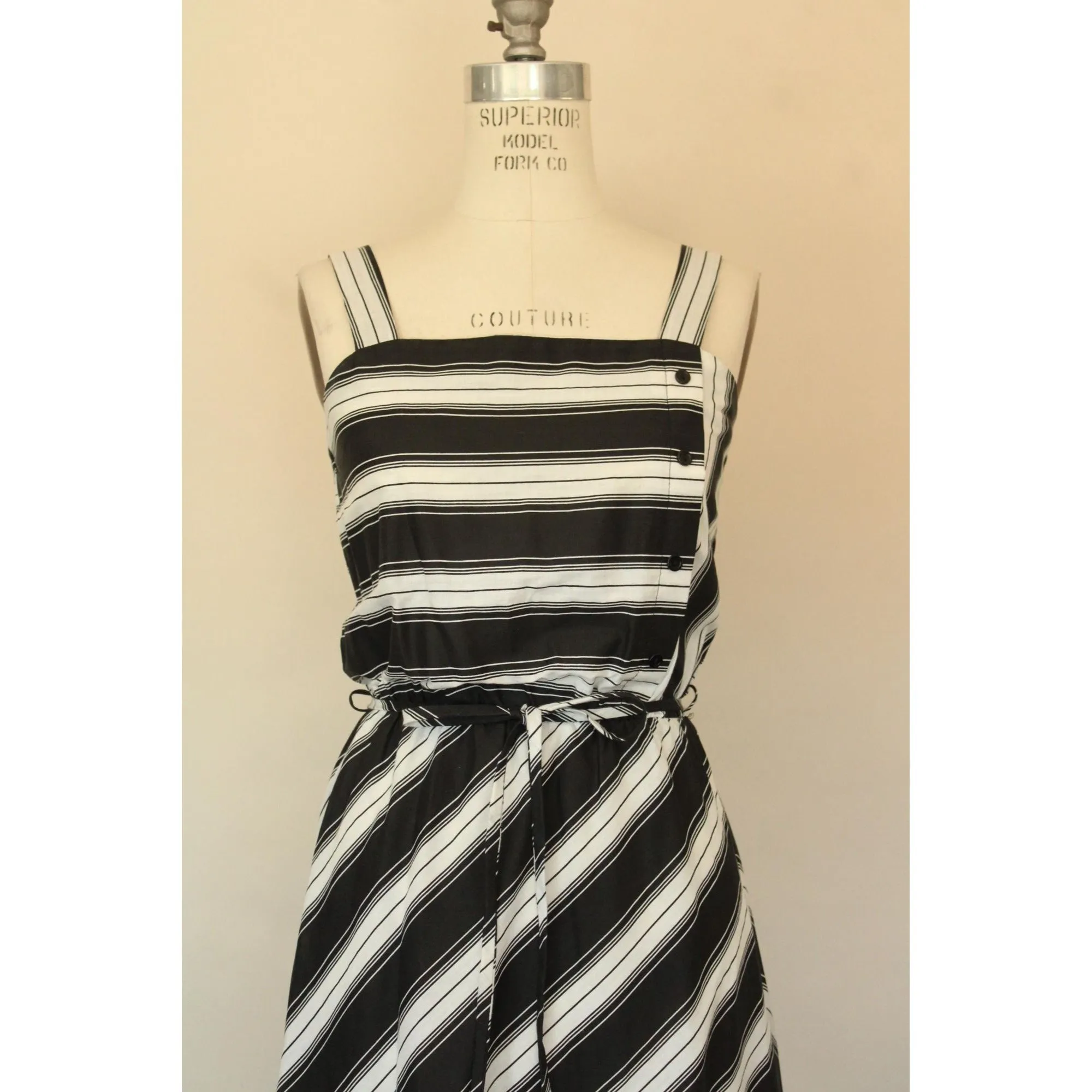 Vintage 1970s Black And White Striped Sundress with A Belt