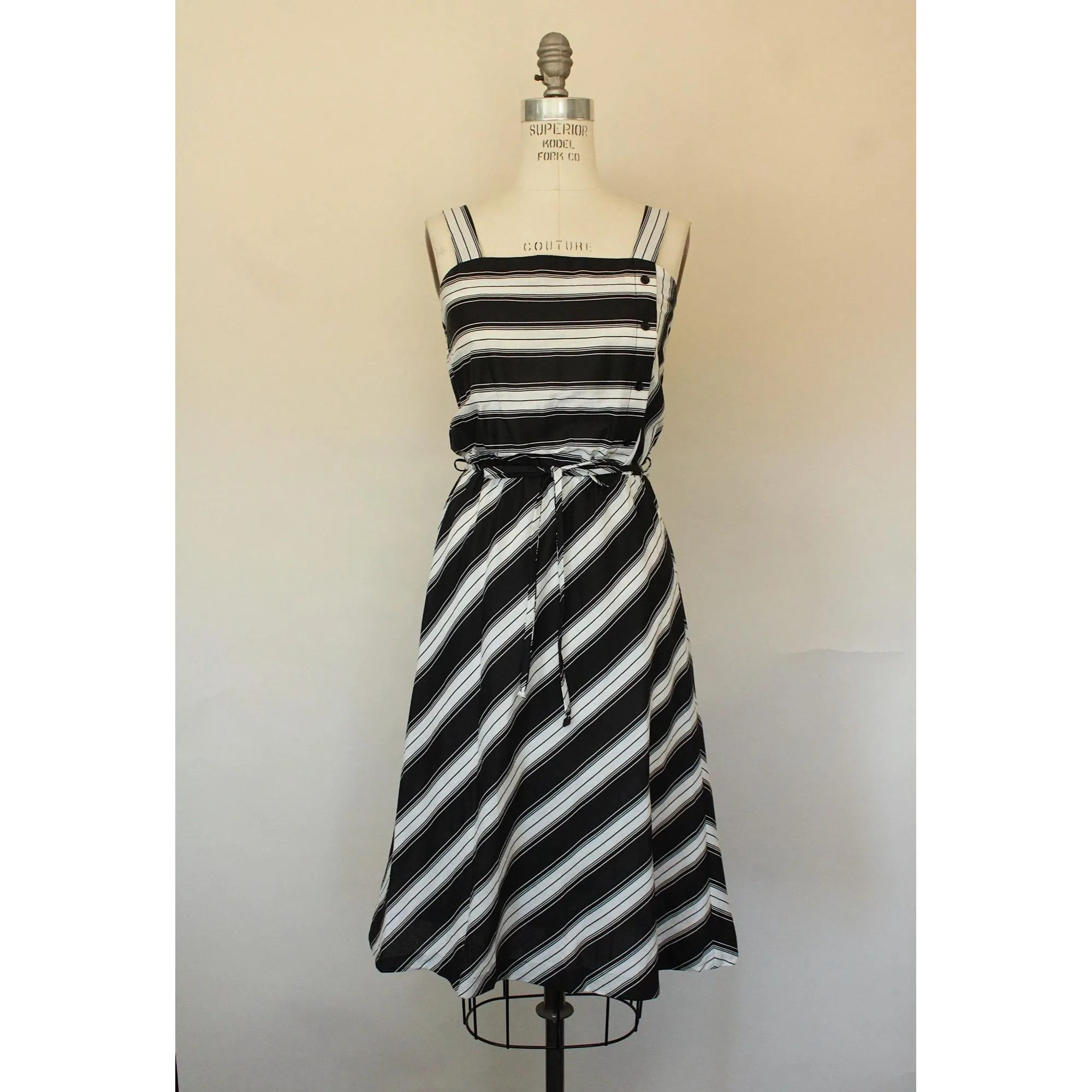 Vintage 1970s Black And White Striped Sundress with A Belt