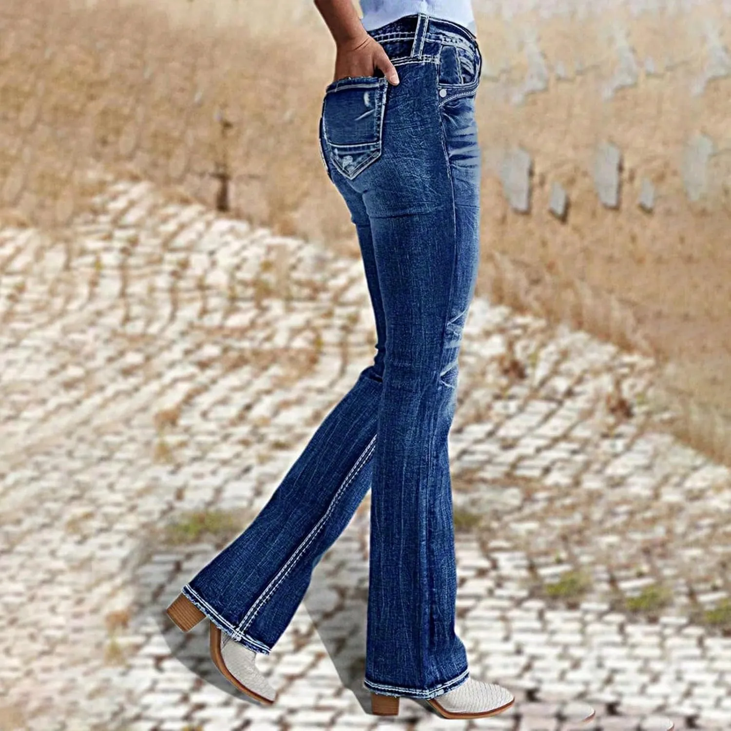 Vintage Bell Bottom Jeans for Women Low Rise Flare Wide Leg Stretchy Bootcut Jeans Distressed Wash 90S Ankle Denim Pants