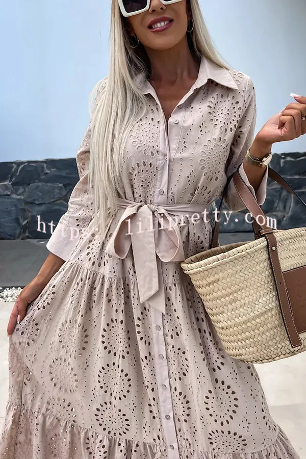 Welcome Summer Lace Cutout Fabric Button Belted Loose Shirt Midi Dress