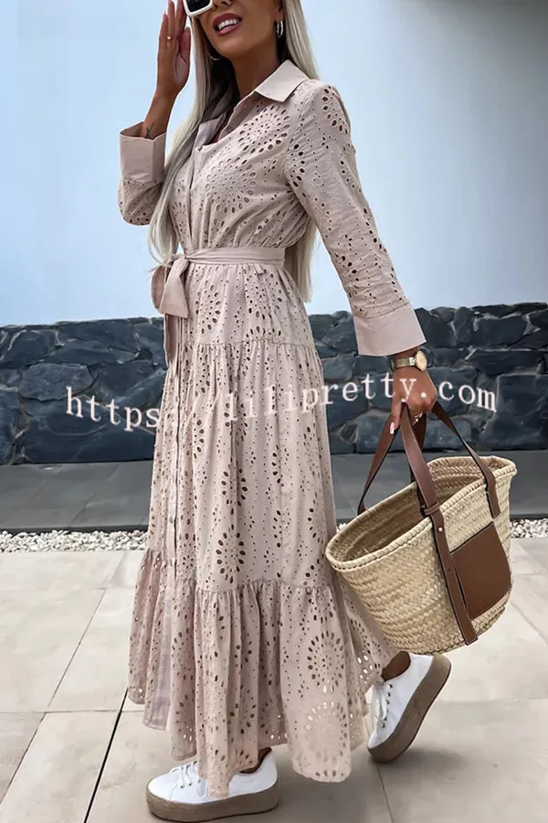Welcome Summer Lace Cutout Fabric Button Belted Loose Shirt Midi Dress