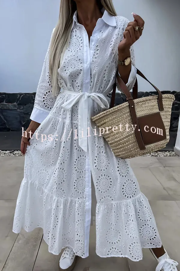 Welcome Summer Lace Cutout Fabric Button Belted Loose Shirt Midi Dress