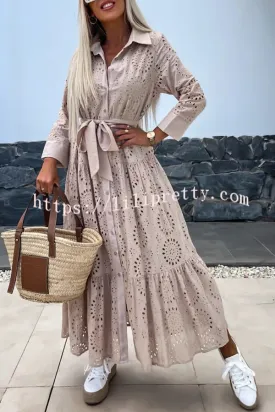 Welcome Summer Lace Cutout Fabric Button Belted Loose Shirt Midi Dress