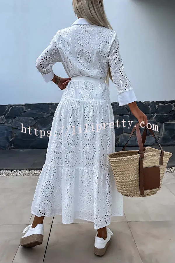 Welcome Summer Lace Cutout Fabric Button Belted Loose Shirt Midi Dress
