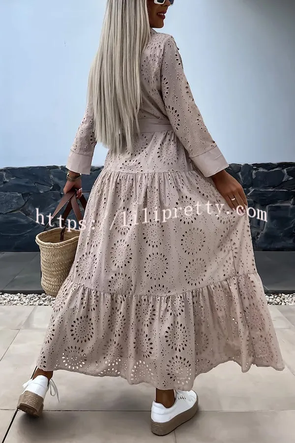Welcome Summer Lace Cutout Fabric Button Belted Loose Shirt Midi Dress