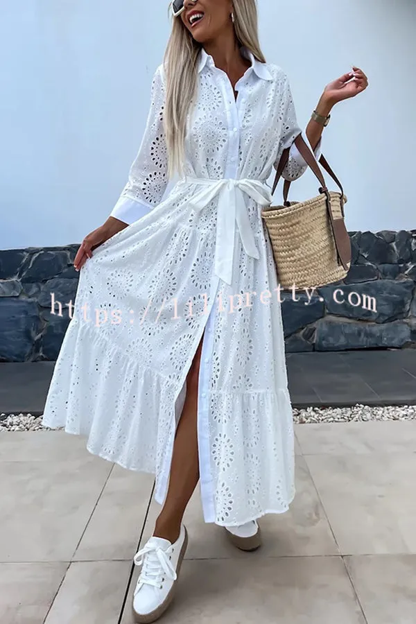 Welcome Summer Lace Cutout Fabric Button Belted Loose Shirt Midi Dress
