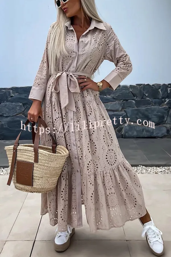 Welcome Summer Lace Cutout Fabric Button Belted Loose Shirt Midi Dress