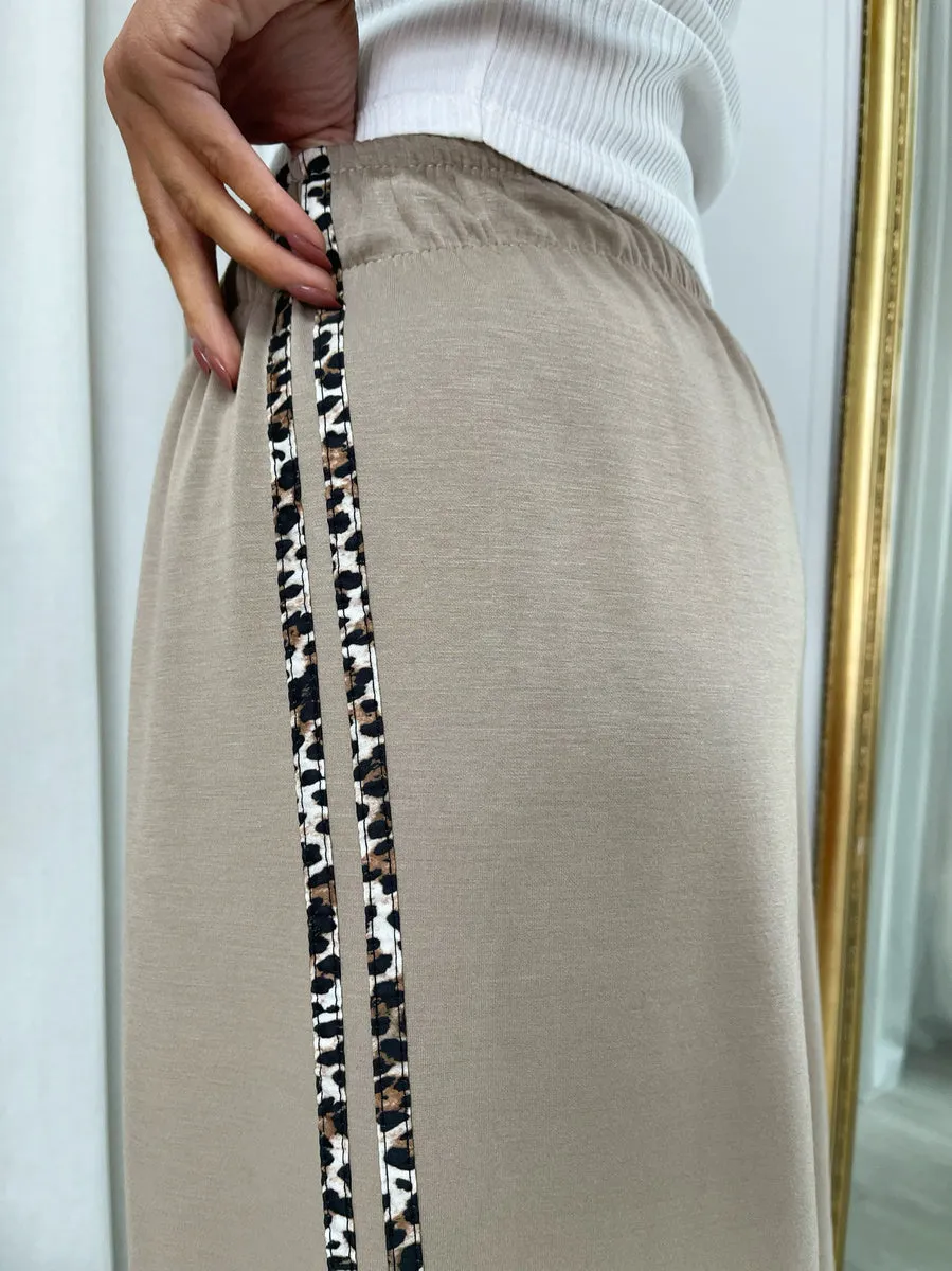 Wide Leg Lounge Trousers with Leopard Trim