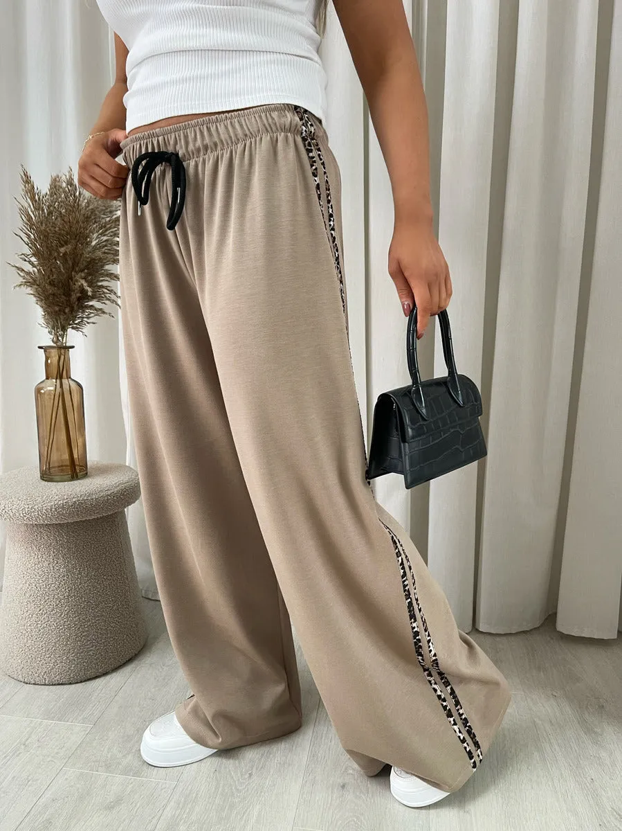 Wide Leg Lounge Trousers with Leopard Trim