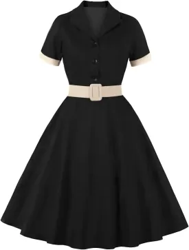 Women 1950s Vintage Short Sleeve Peter Pan Collar Retro Swing A Line Midi Summer Dress Cocktail Party Evening Prom Gown