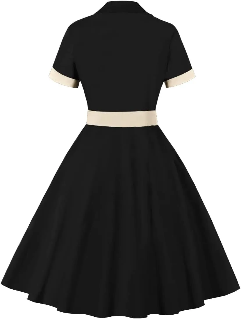 Women 1950s Vintage Short Sleeve Peter Pan Collar Retro Swing A Line Midi Summer Dress Cocktail Party Evening Prom Gown