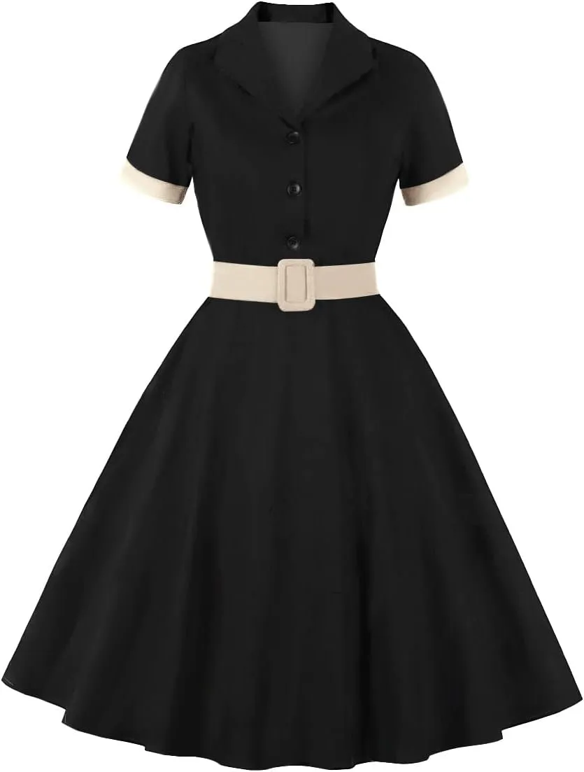 Women 1950s Vintage Short Sleeve Peter Pan Collar Retro Swing A Line Midi Summer Dress Cocktail Party Evening Prom Gown