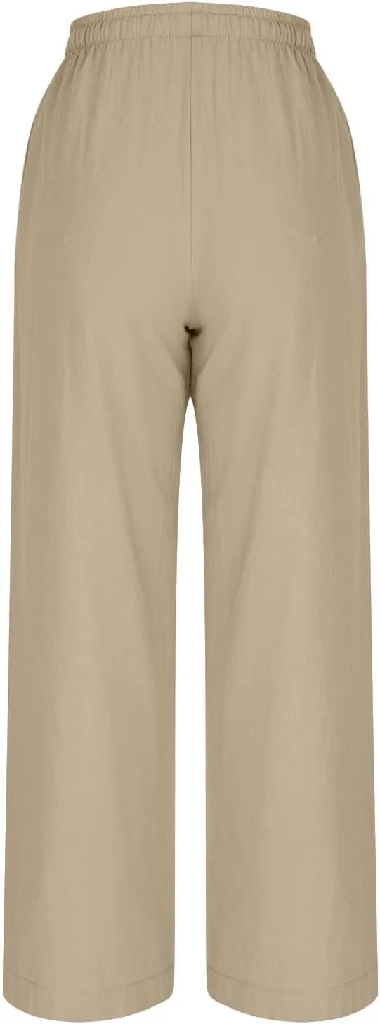 Women 2025 Casual Wide Leg Pants Elastic Waist Wide Leg Linen Pant Loose Long Palazzo Trousers Bottoms Slacks Pockets