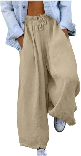 Women 2025 Casual Wide Leg Pants Elastic Waist Wide Leg Linen Pant Loose Long Palazzo Trousers Bottoms Slacks Pockets