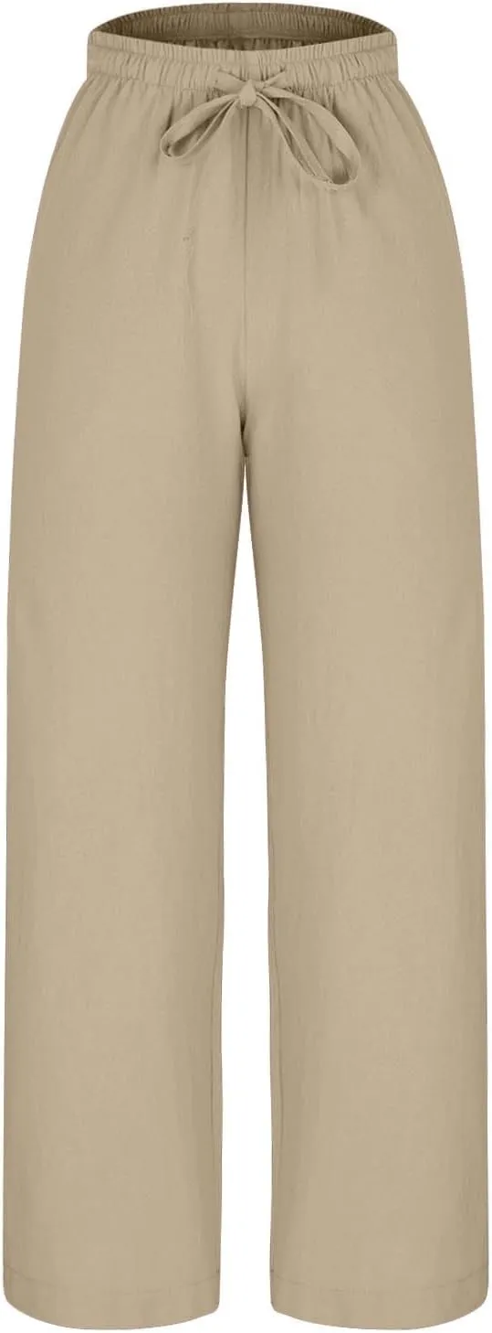 Women 2025 Casual Wide Leg Pants Elastic Waist Wide Leg Linen Pant Loose Long Palazzo Trousers Bottoms Slacks Pockets