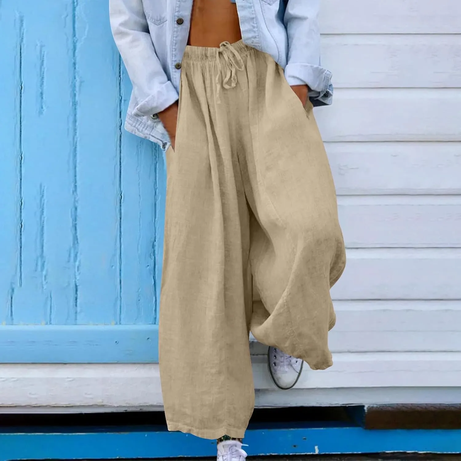 Women 2025 Casual Wide Leg Pants Elastic Waist Wide Leg Linen Pant Loose Long Palazzo Trousers Bottoms Slacks Pockets