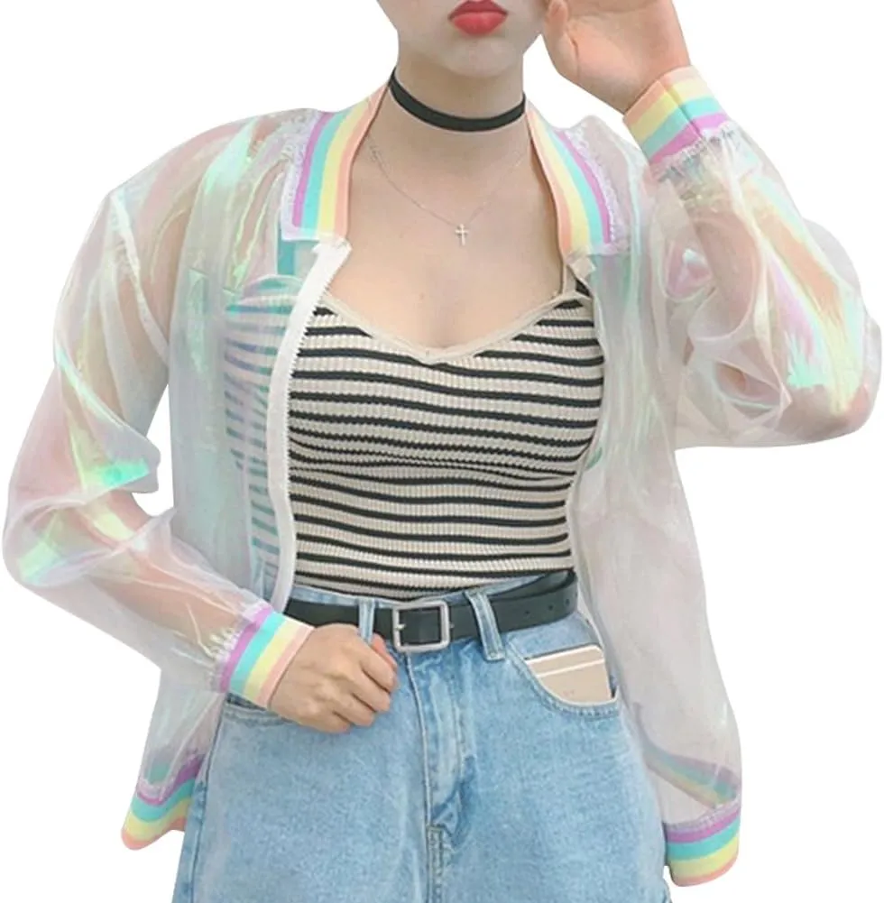 Women Girls Holographic Rainbow Jacket Iridescent See Through Mesh Jacket Sun-Proof Coat Rave Party Festival Outfit