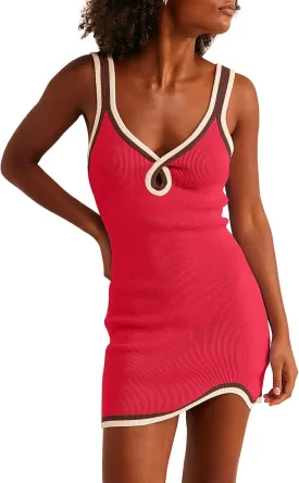Women Ribbed Knit Color Block Bodycon Mini Dresses V Neck Sleeveless Sundress 2024 Summer Sexy Backless Tank Dress