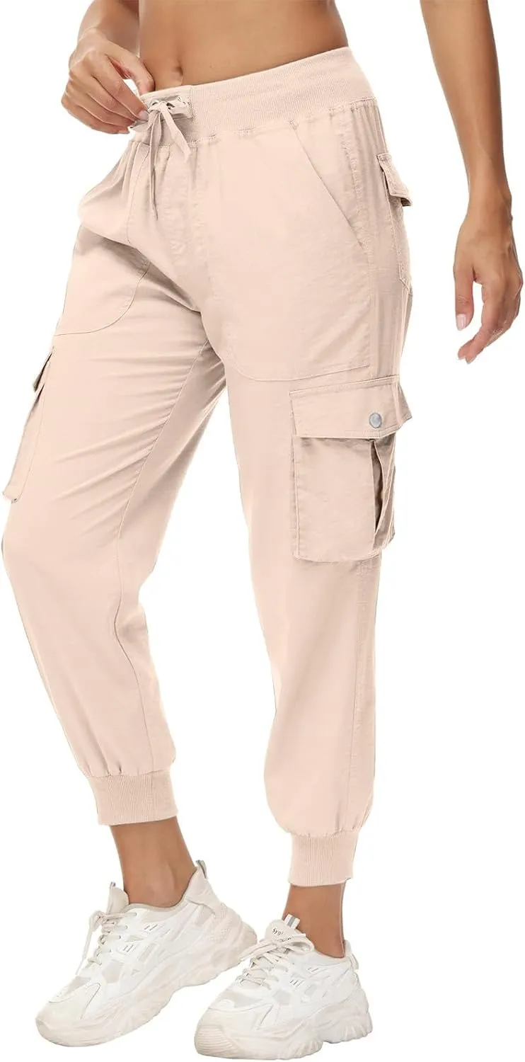 Womens Cargo Jogger Pants with Pockets High Waist Elastic Cuffs Capri Pants Outdoor Hiking Tactical Utility Trousers