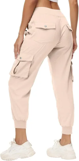 Womens Cargo Jogger Pants with Pockets High Waist Elastic Cuffs Capri Pants Outdoor Hiking Tactical Utility Trousers