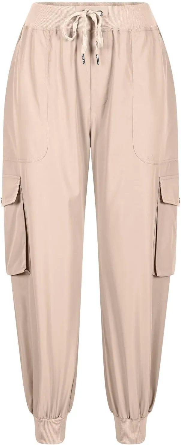 Womens Cargo Jogger Pants with Pockets High Waist Elastic Cuffs Capri Pants Outdoor Hiking Tactical Utility Trousers