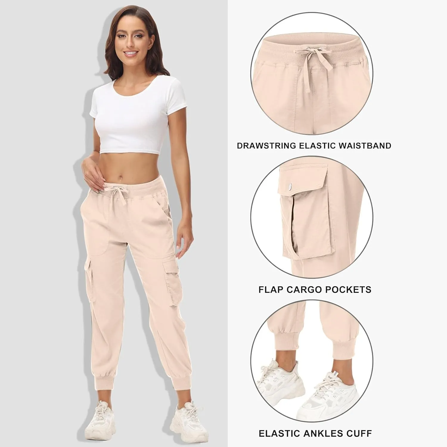Womens Cargo Jogger Pants with Pockets High Waist Elastic Cuffs Capri Pants Outdoor Hiking Tactical Utility Trousers