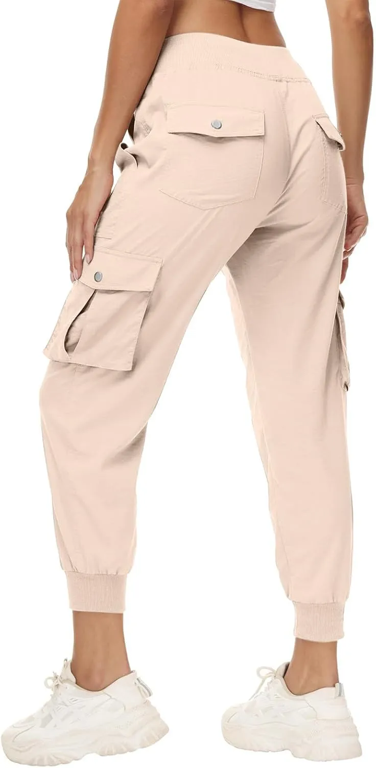 Womens Cargo Jogger Pants with Pockets High Waist Elastic Cuffs Capri Pants Outdoor Hiking Tactical Utility Trousers