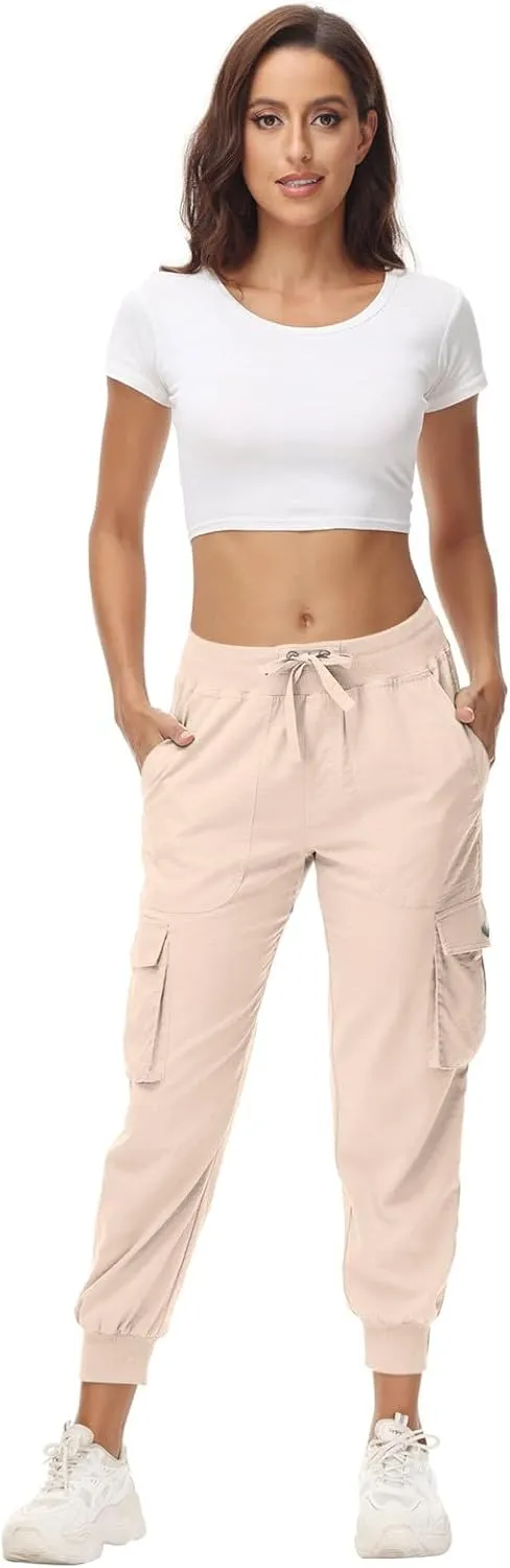Womens Cargo Jogger Pants with Pockets High Waist Elastic Cuffs Capri Pants Outdoor Hiking Tactical Utility Trousers