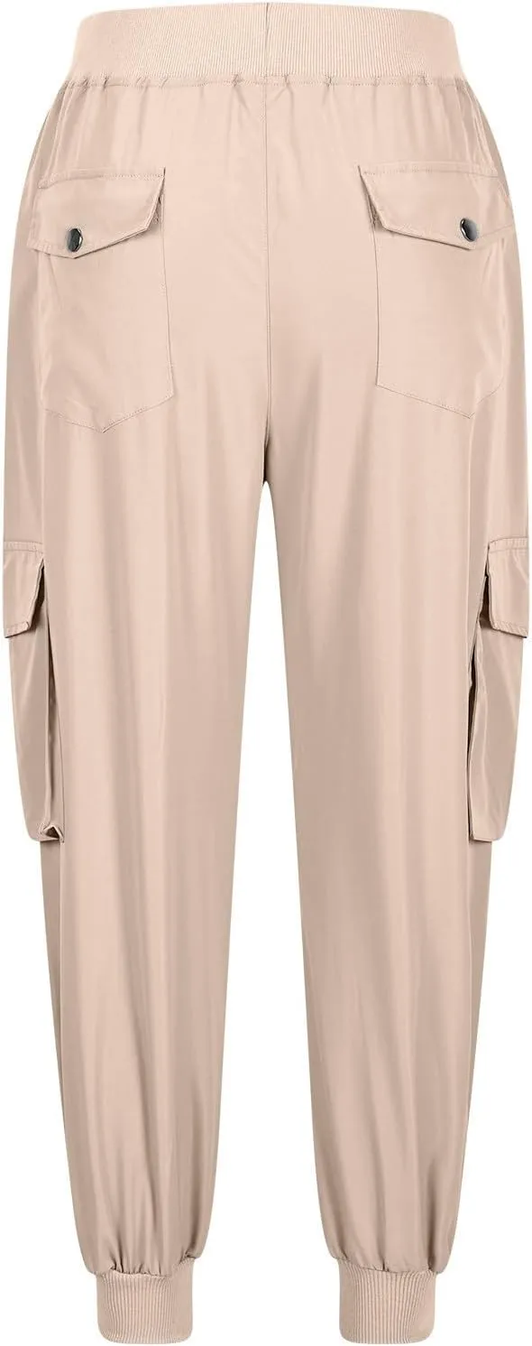 Womens Cargo Jogger Pants with Pockets High Waist Elastic Cuffs Capri Pants Outdoor Hiking Tactical Utility Trousers