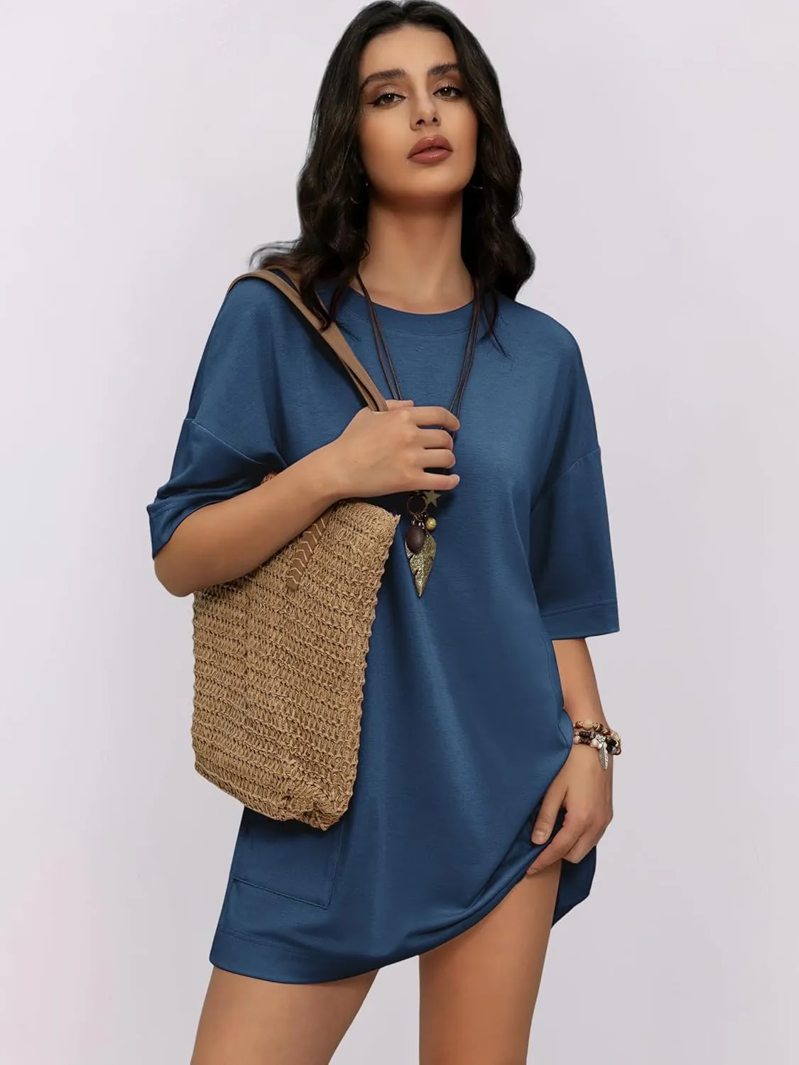 Womens Oversized T Shirt Dress Short Sleeve Crewneck Tunic Tops Basic Summer Casual Mini Short Dresses with Pockets