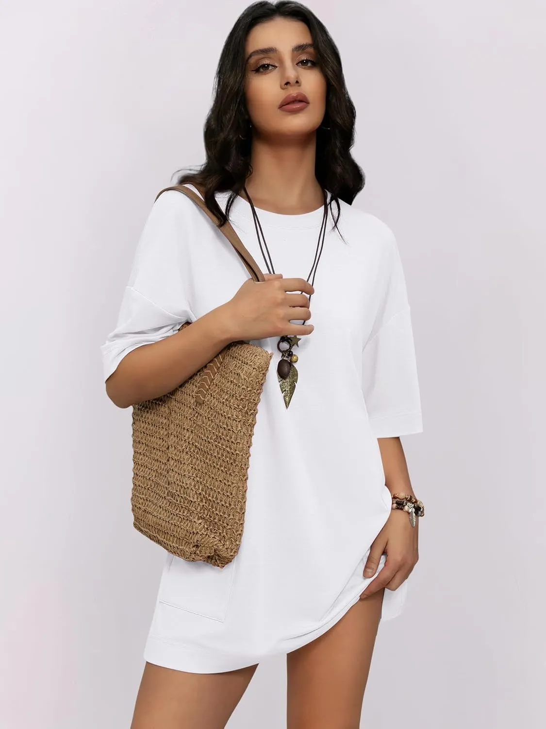 Womens Oversized T Shirt Dress Short Sleeve Crewneck Tunic Tops Basic Summer Casual Mini Short Dresses with Pockets