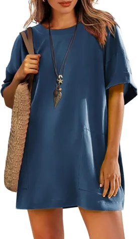 Womens Oversized T Shirt Dress Short Sleeve Crewneck Tunic Tops Basic Summer Casual Mini Short Dresses with Pockets