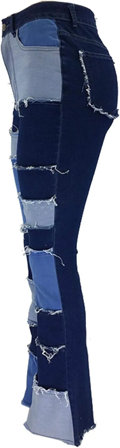 Women's Stylish High Waist Patchwork Jeans Distressed Hippie Vintage Flared Bell Denim Pants