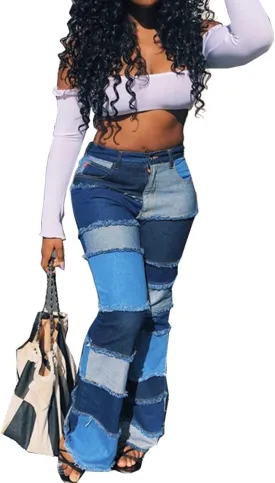 Women's Stylish High Waist Patchwork Jeans Distressed Hippie Vintage Flared Bell Denim Pants