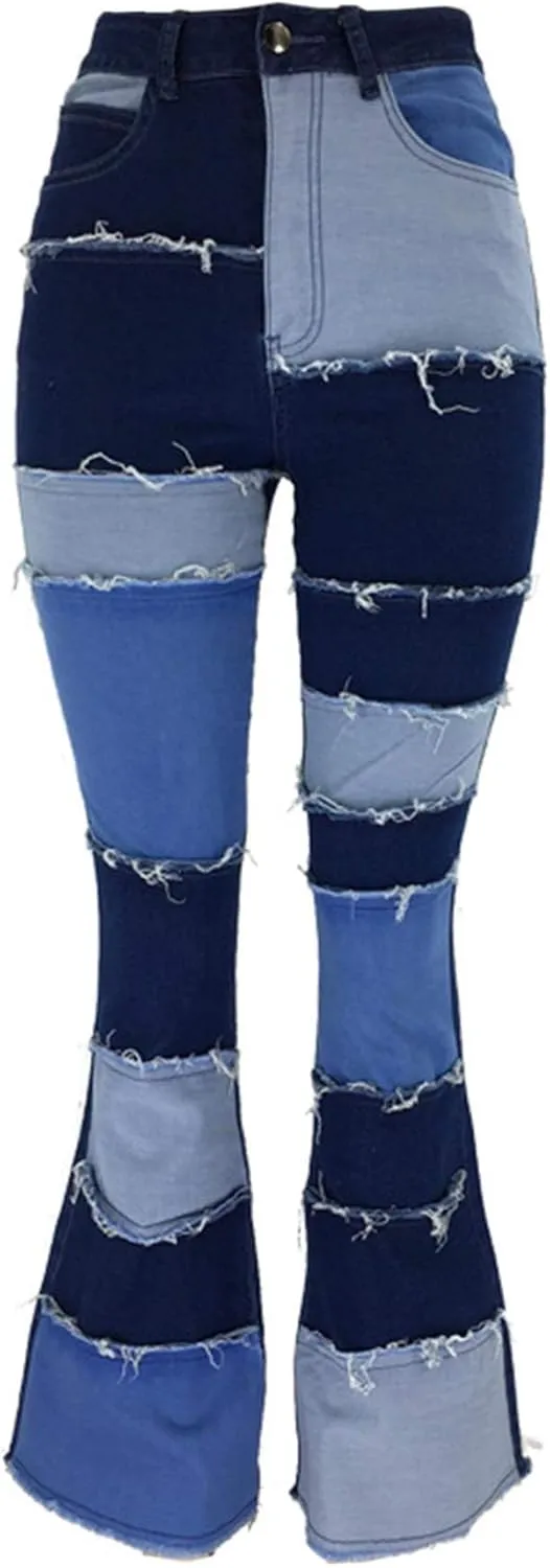 Women's Stylish High Waist Patchwork Jeans Distressed Hippie Vintage Flared Bell Denim Pants