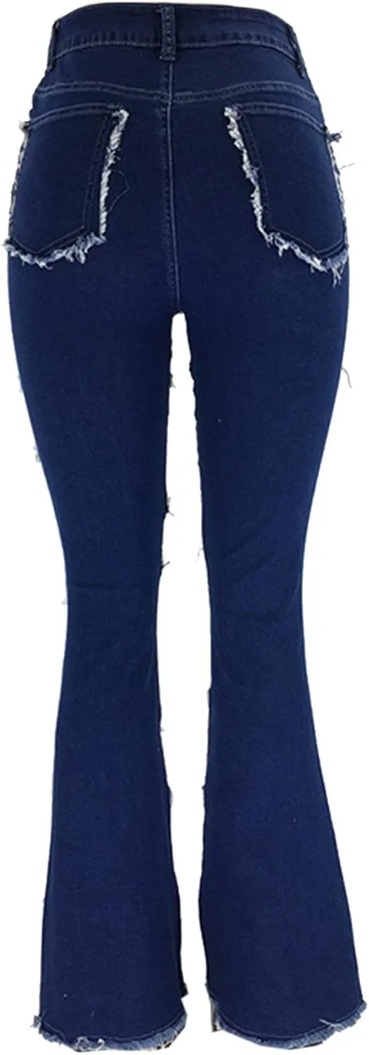 Women's Stylish High Waist Patchwork Jeans Distressed Hippie Vintage Flared Bell Denim Pants