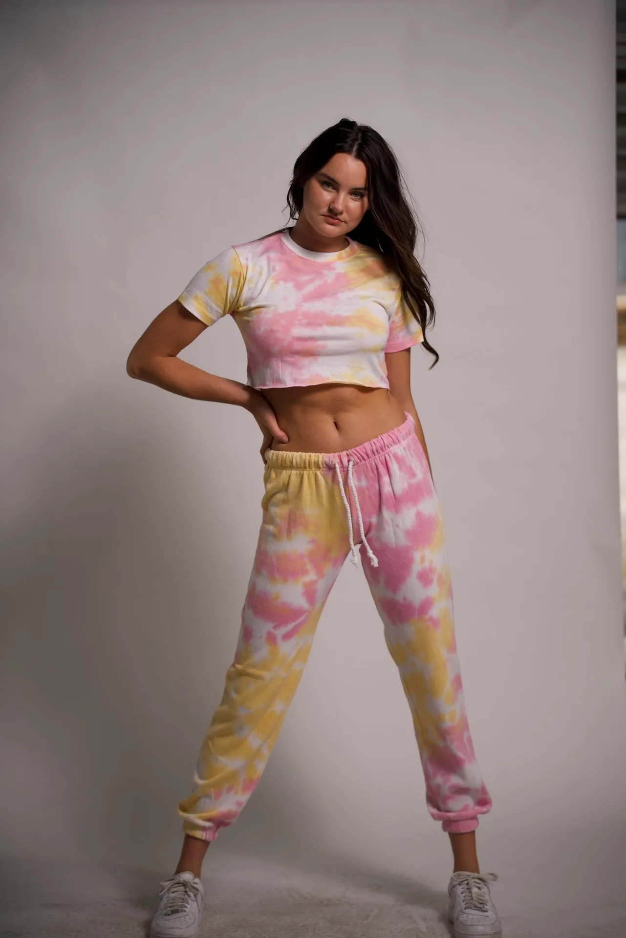 Women's Tie-Dye Two Piece Outfit Crop Top and Joggers Set Short Sleeve T Shirts