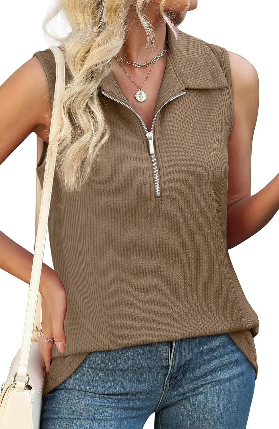 XIEERDUO Womens Summer Tops V Neck Collared Shirts Dressy Casual Ribbed Tank Top with Zipper Loose Fit