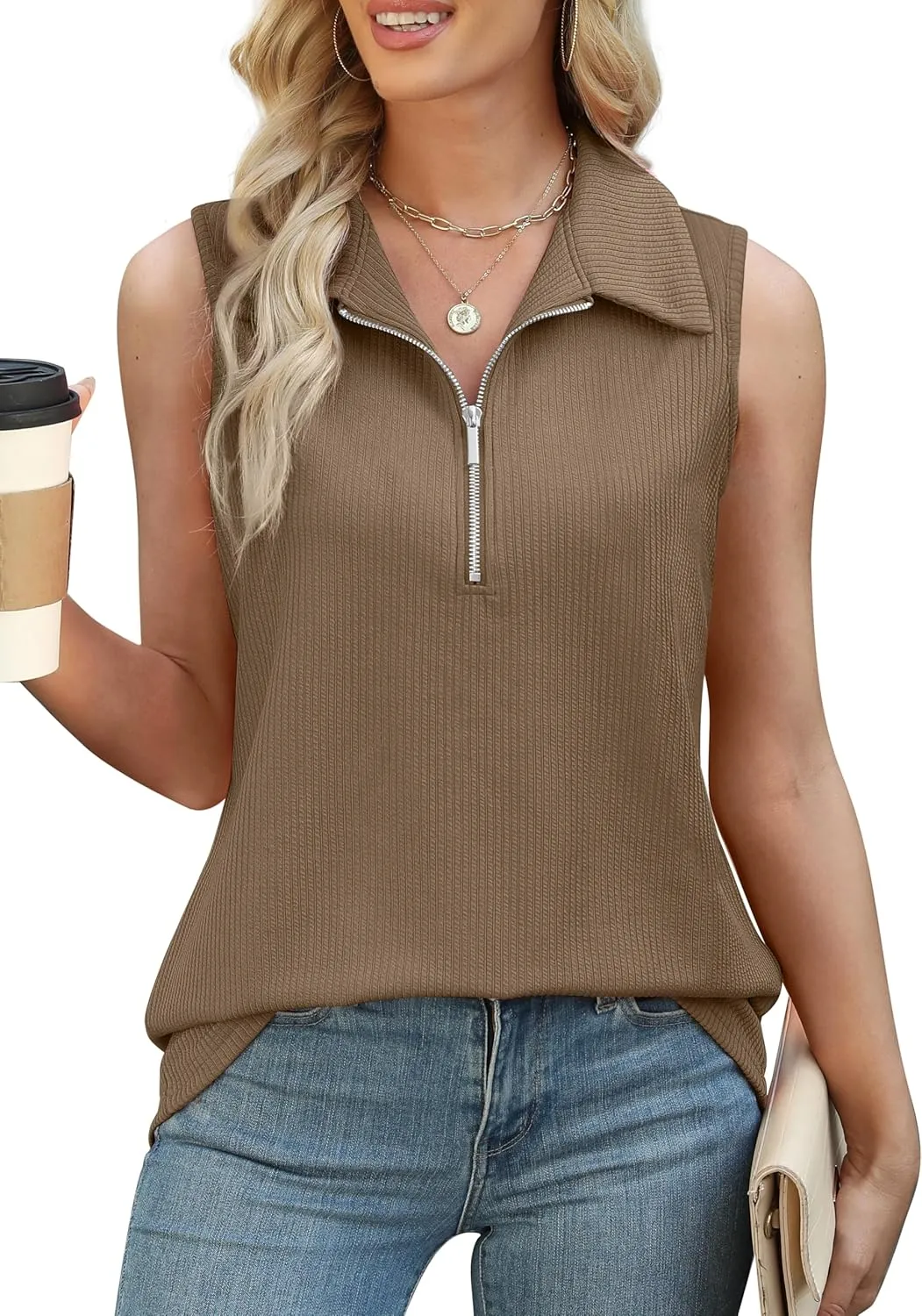 XIEERDUO Womens Summer Tops V Neck Collared Shirts Dressy Casual Ribbed Tank Top with Zipper Loose Fit