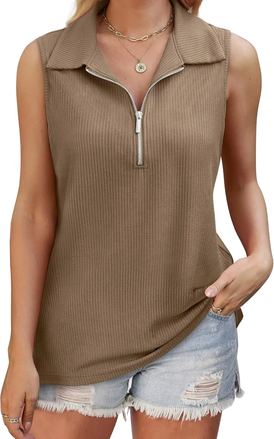 XIEERDUO Womens Summer Tops V Neck Collared Shirts Dressy Casual Ribbed Tank Top with Zipper Loose Fit