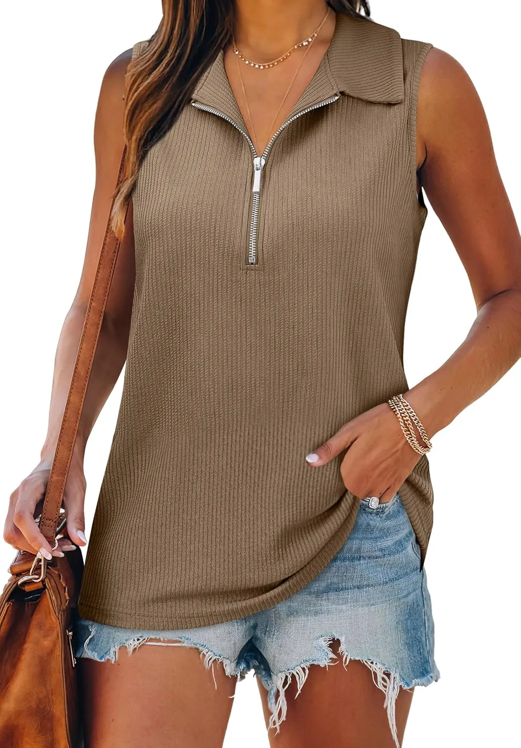 XIEERDUO Womens Summer Tops V Neck Collared Shirts Dressy Casual Ribbed Tank Top with Zipper Loose Fit
