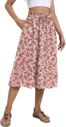 Yincro Women's Summer High Waisted Midi Skirt Elastic Waistband A-Line Skirt with Pockets