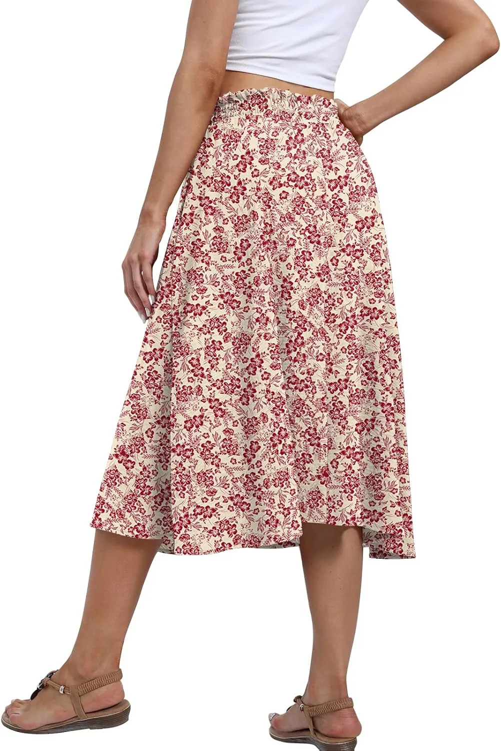 Yincro Women's Summer High Waisted Midi Skirt Elastic Waistband A-Line Skirt with Pockets