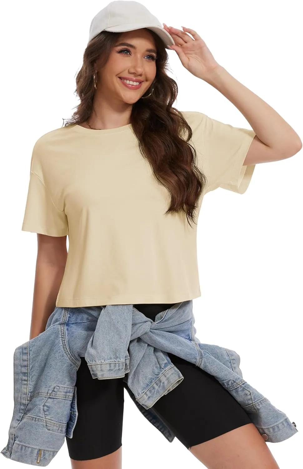 YUCOLEN Women's Crop Tops Summer Short Sleeve Cotton UPF 50  Round Neck Casual Loose Cropped T-Shirts Solid Basic Tees
